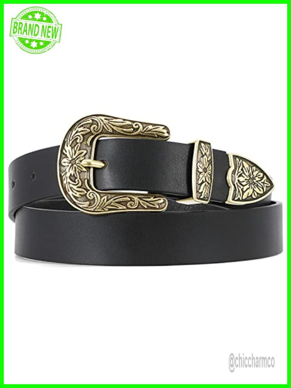 Western Belt Women PU Leather Floral Carved Buckle Cowgirl Waist Belt